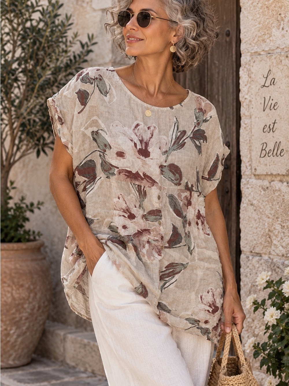 Made in Italy 100% Linen Floral Blouse Size L Oversized Lagenlook Tunic Top